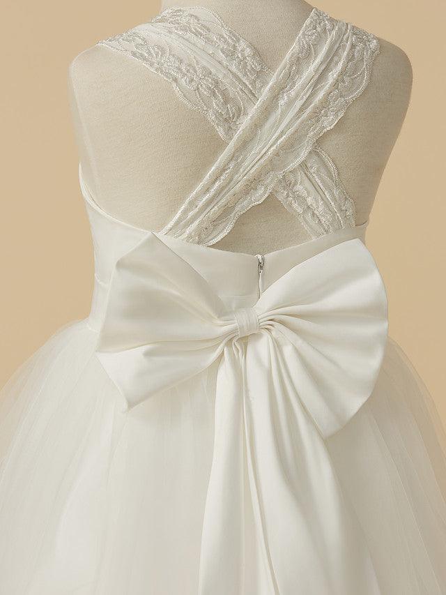 Long Princess Lace Satin Tulle Sleeveless Wedding First Communion Flower Girl… - photo 5