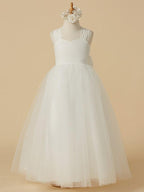 Long Princess Lace Satin Tulle Sleeveless Wedding First Communion Flower Girl… - photo 1