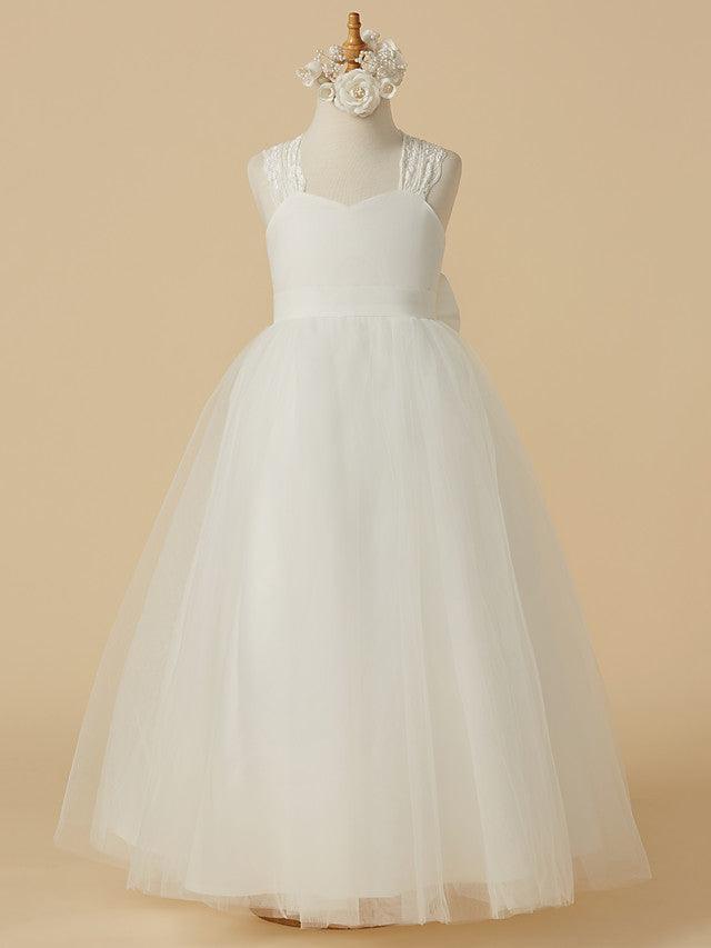 Long Princess Lace Satin Tulle Sleeveless Wedding First Communion Flower Girl… - photo 1