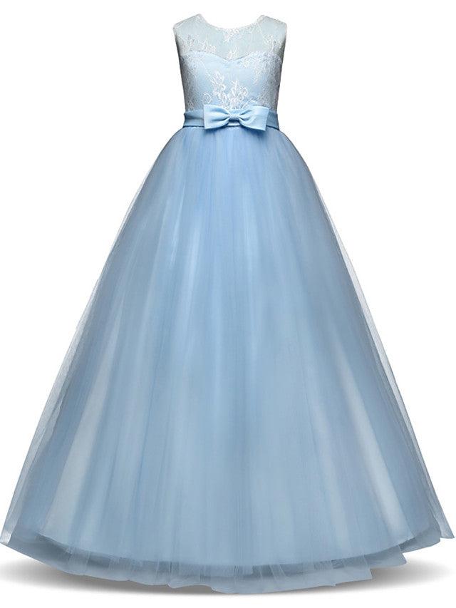 Long Princess Lace Tulle Jewel Neck Party Birthday Pageant Flower Girl Dresses