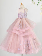 Long Princess Lace Tulle Sleeveless Jewel Neck Wedding Birthday Pageant Flowe… - photo 2