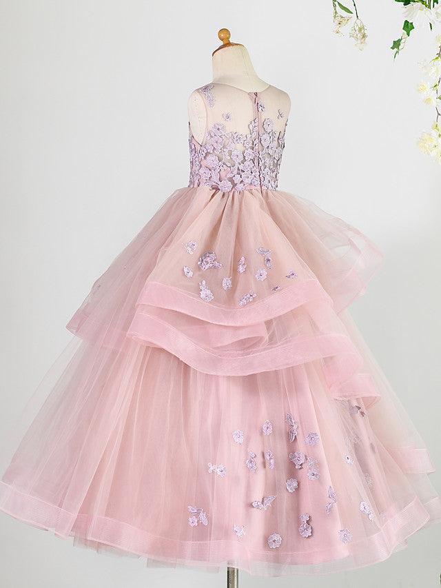 Long Princess Lace Tulle Sleeveless Jewel Neck Wedding Birthday Pageant Flowe… - photo 2