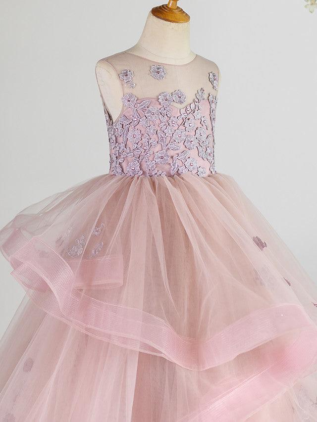 Long Princess Lace Tulle Sleeveless Jewel Neck Wedding Birthday Pageant Flowe… - photo 3