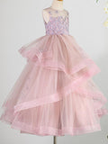 Long Princess Lace Tulle Sleeveless Jewel Neck Wedding Birthday Pageant Flowe… - photo 1