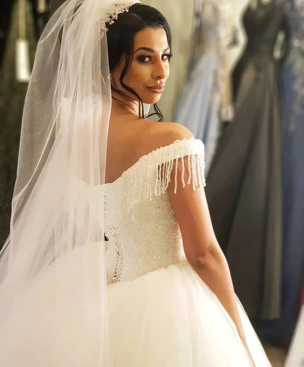 Long Princess Off-the-shoulder Beading Backless Tulle Wedding Dress With Tassel by BIZTUNNEL