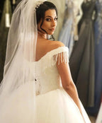 Long Princess Off-the-shoulder Beading Backless Tulle Wedding Dress With Tassel by BIZTUNNEL