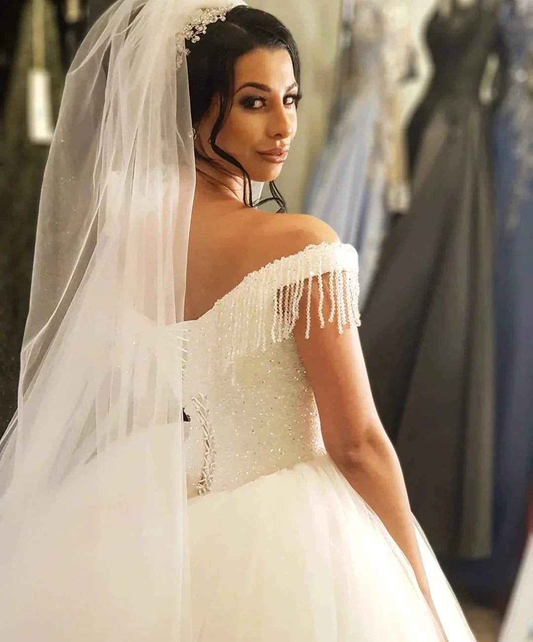 Long Princess Off-the-shoulder Beading Backless Tulle Wedding Dress With Tassel by BIZTUNNEL