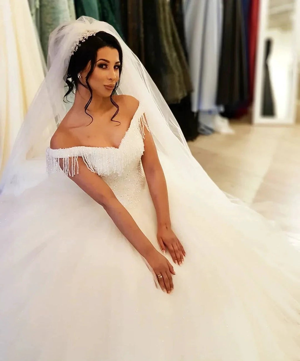 Long Princess Off-the-shoulder Beading Backless Tulle Wedding Dress With Tassel by BIZTUNNEL