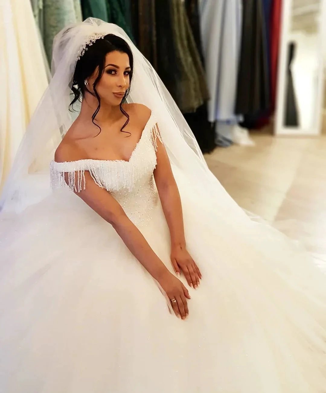Long Princess Off-the-shoulder Beading Backless Tulle Wedding Dress With Tassel by BIZTUNNEL