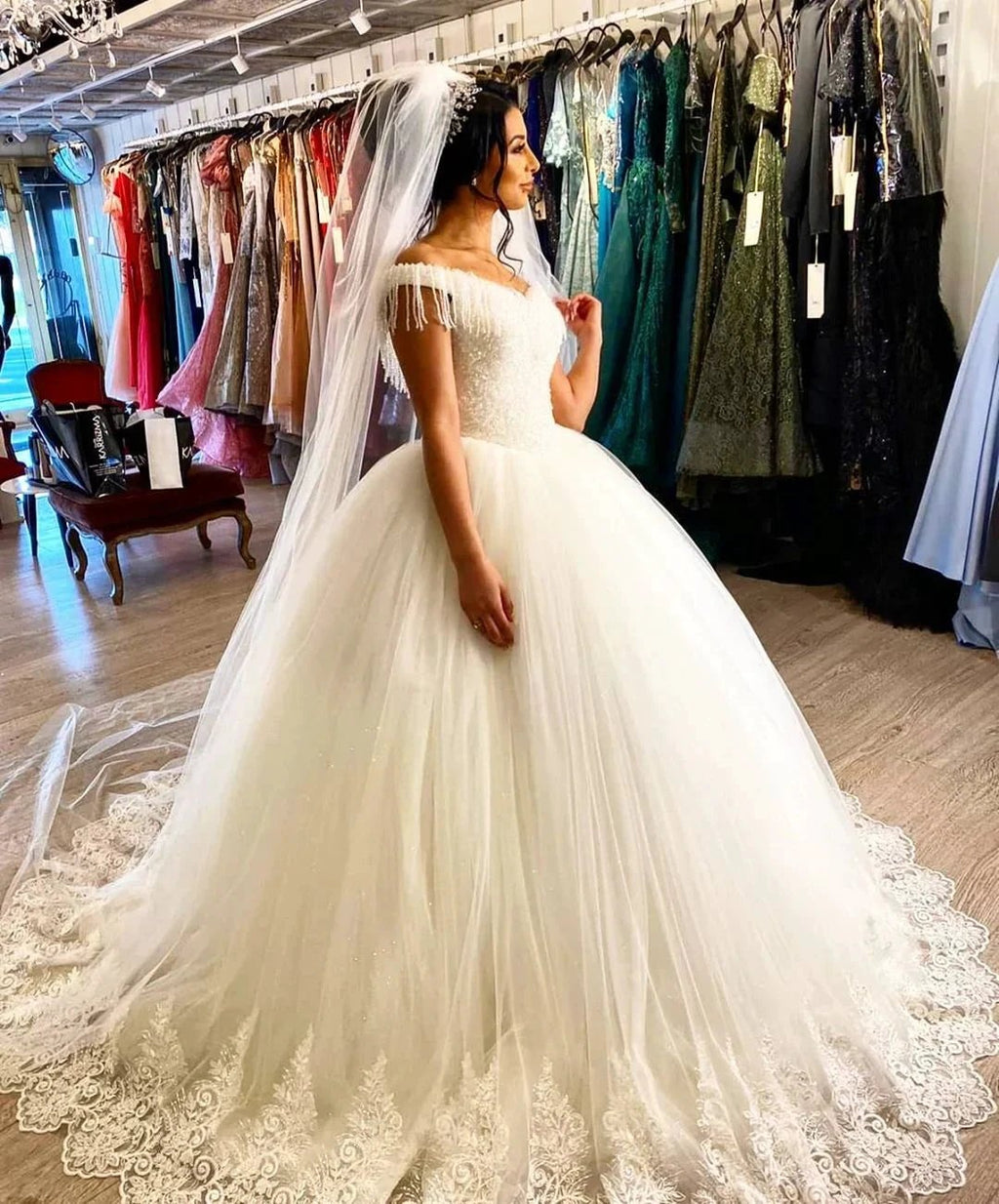 Long Princess Off-the-shoulder Beading Backless Tulle Wedding Dress With Tassel by BIZTUNNEL