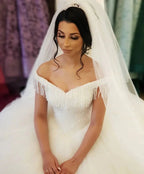 Long Princess Off-the-shoulder Beading Backless Tulle Wedding Dress With Tassel by BIZTUNNEL