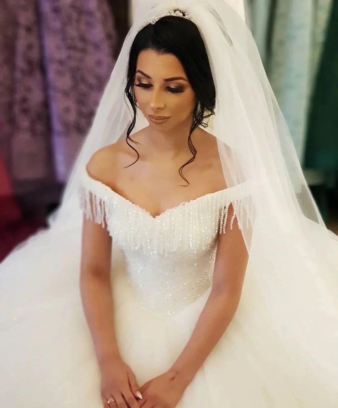 Long Princess Off-the-shoulder Beading Backless Tulle Wedding Dress With Tassel by BIZTUNNEL