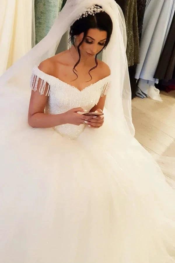Long Princess Off-the-shoulder Beading Backless Tulle Wedding Dress With Tassel by BIZTUNNEL