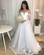 Long Princess Off-the-shoulder Tulle Wedding Dress with Bubble Sleeves by BIZTUNNEL
