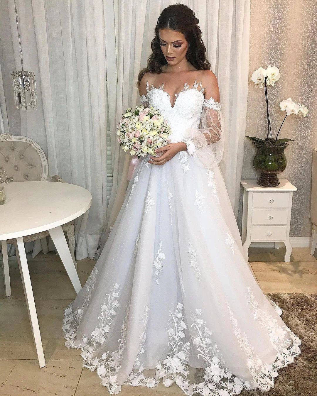 Long Princess Off-the-shoulder Tulle Wedding Dress with Bubble Sleeves by BIZTUNNEL