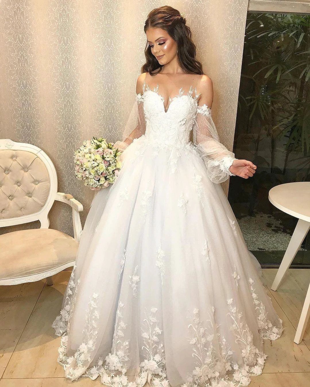Long Princess Off-the-shoulder Tulle Wedding Dress with Bubble Sleeves by BIZTUNNEL