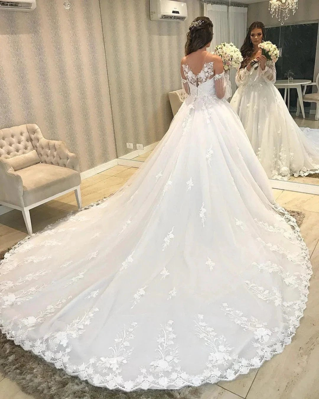 Long Princess Off-the-shoulder Tulle Wedding Dress with Bubble Sleeves by BIZTUNNEL