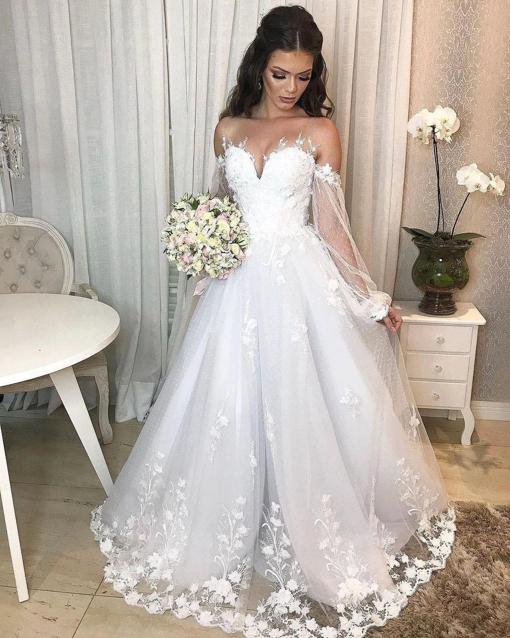 Long Princess Off-the-shoulder Tulle Wedding Dress with Bubble Sleeves by BIZTUNNEL