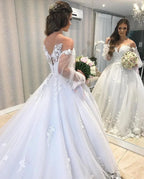 Long Princess Off-the-shoulder Tulle Wedding Dress with Bubble Sleeves by BIZTUNNEL