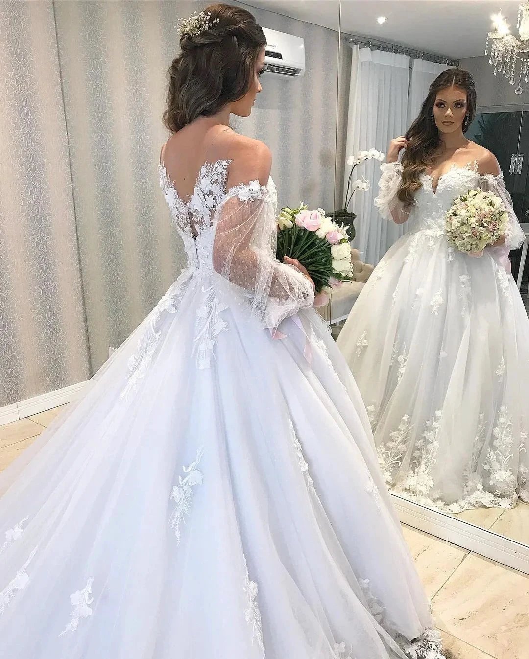 Long Princess Off-the-shoulder Tulle Wedding Dress with Bubble Sleeves by BIZTUNNEL