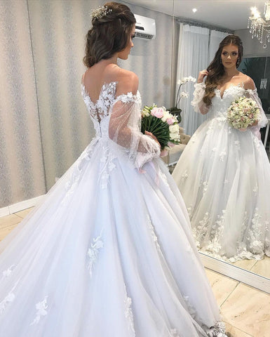 Long Princess Off-the-shoulder Tulle Wedding Dress with Bubble Sleeves