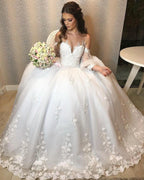 Long Princess Off-the-shoulder Tulle Wedding Dress with Bubble Sleeves by BIZTUNNEL