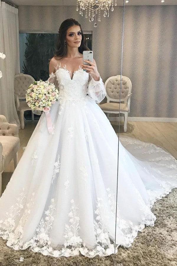 Long Princess Off-the-shoulder Tulle Wedding Dress with Bubble Sleeves by BIZTUNNEL