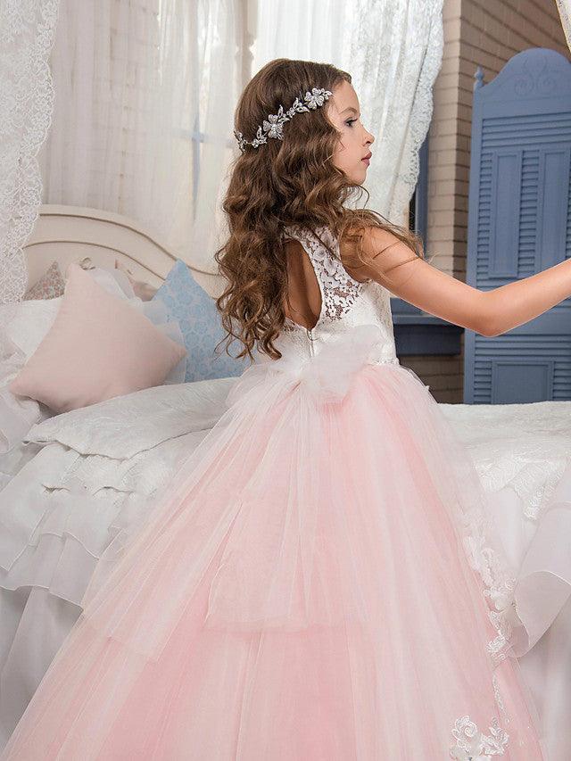 Long Princess Pageant Lace Tulle Sleeveless Jewel Neck Flower Girl Dresses - photo 2