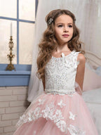 Long Princess Pageant Lace Tulle Sleeveless Jewel Neck Flower Girl Dresses - photo 6