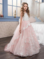 Long Princess Pageant Lace Tulle Sleeveless Jewel Neck Flower Girl Dresses - photo 1