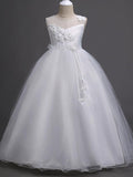 Long Princess Satin Tulle Sleeveless Jewel Neck First Communion Flower Girl D… - photo 1