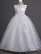 Long Princess Satin Tulle Sleeveless Jewel Neck First Communion Flower Girl D… - photo 1