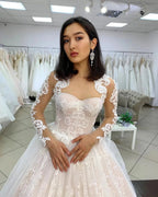 Long Princess Sweetheart Appliques Lace Backless Tulle Wedding Dress with Sleeves by BIZTUNNEL