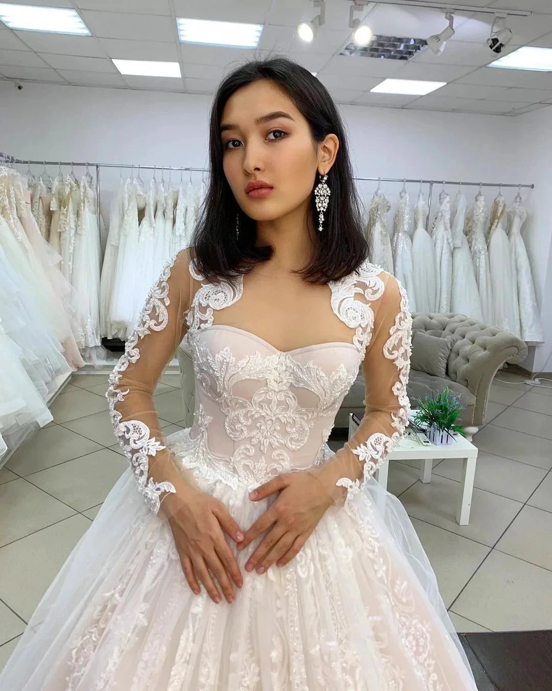 Long Princess Sweetheart Appliques Lace Backless Tulle Wedding Dress with Sleeves by BIZTUNNEL