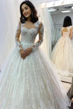 Long Princess Sweetheart Appliques Lace Backless Tulle Wedding Dress with Sleeves by BIZTUNNEL