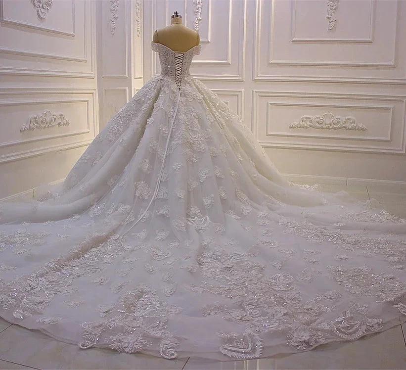 Long Princess Sweetheart Off-the-Shoulder Backless Appliques Lace Ruffles Tulle Wedding Dress by BIZTUNNEL
