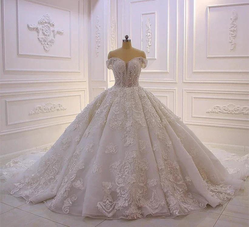 Long Princess Sweetheart Off-the-Shoulder Backless Appliques Lace Ruffles Tulle Wedding Dress by BIZTUNNEL