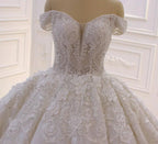 Long Princess Sweetheart Off-the-Shoulder Backless Appliques Lace Ruffles Tulle Wedding Dress by BIZTUNNEL