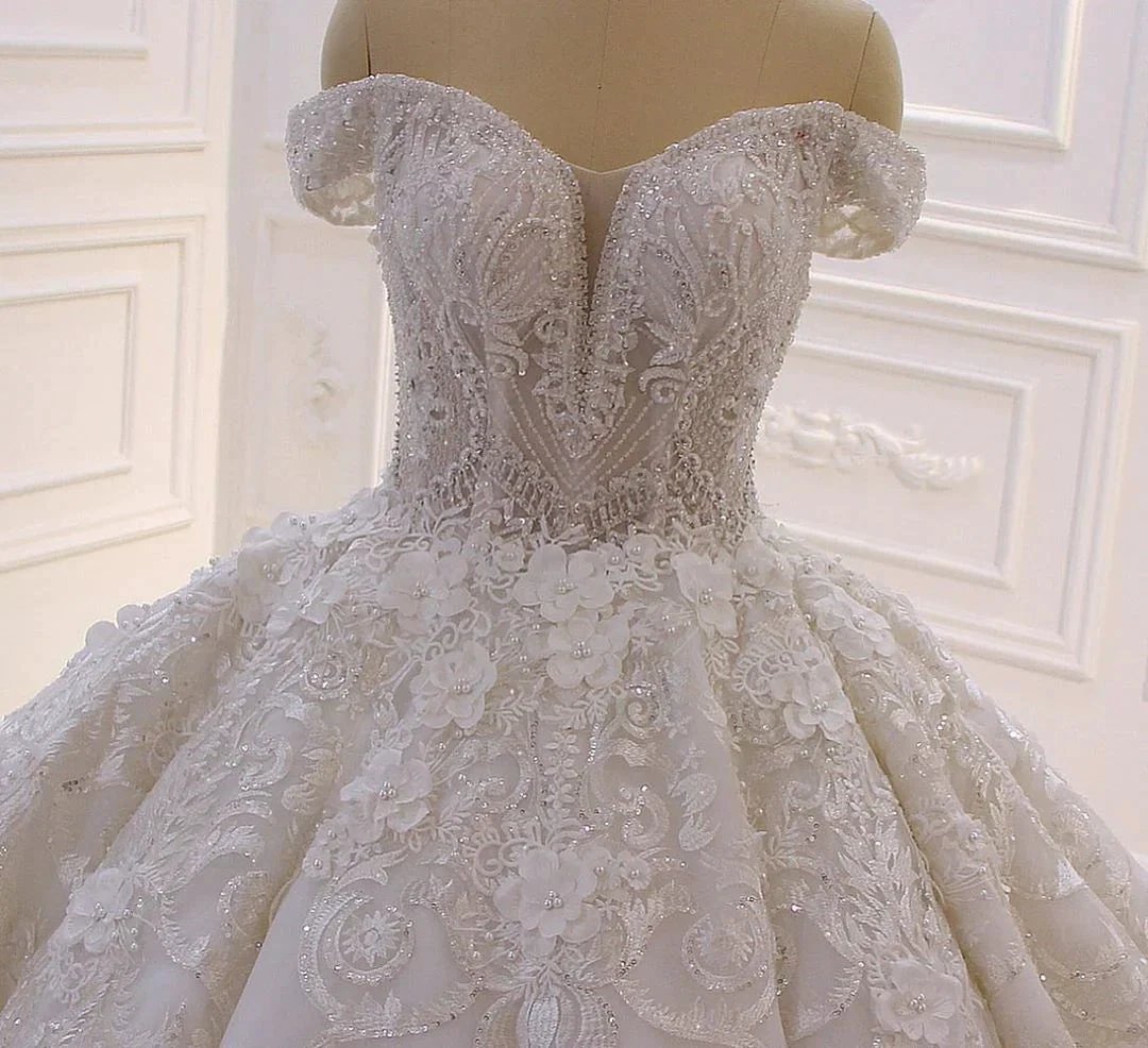 Long Princess Sweetheart Off-the-Shoulder Backless Appliques Lace Ruffles Tulle Wedding Dress by BIZTUNNEL