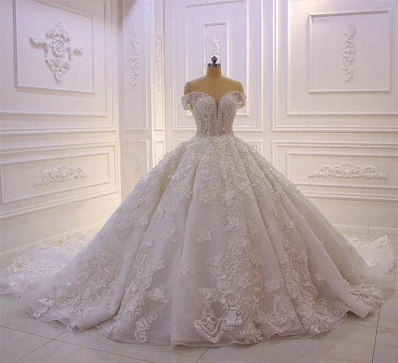 Long Princess Sweetheart Off-the-Shoulder Backless Appliques Lace Ruffles Tulle Wedding Dress by BIZTUNNEL