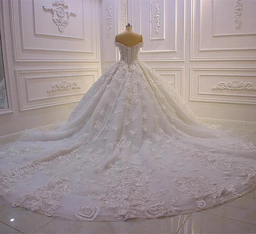 Long Princess Sweetheart Off-the-Shoulder Backless Appliques Lace Ruffles Tulle Wedding Dress by BIZTUNNEL