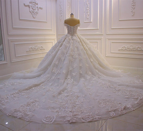 Long Princess Sweetheart Off-the-Shoulder Backless Appliques Lace Ruffles Tulle Wedding Dress