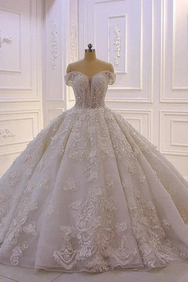Long Princess Sweetheart Off-the-Shoulder Backless Appliques Lace Ruffles Tulle Wedding Dress by BIZTUNNEL