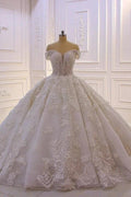 Long Princess Sweetheart Off-the-Shoulder Backless Appliques Lace Ruffles Tulle Wedding Dress by BIZTUNNEL