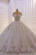 Long Princess Sweetheart Off-the-Shoulder Backless Appliques Lace Ruffles Tulle Wedding Dress by BIZTUNNEL