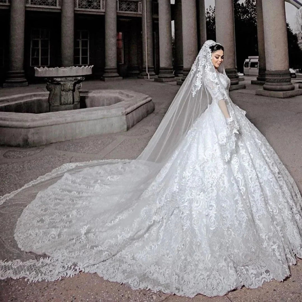 Long Princess Tulle Beads Appliques Lace Wedding Dress with Sleeves by BIZTUNNEL