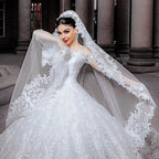 Long Princess Tulle Beads Appliques Lace Wedding Dress with Sleeves by BIZTUNNEL