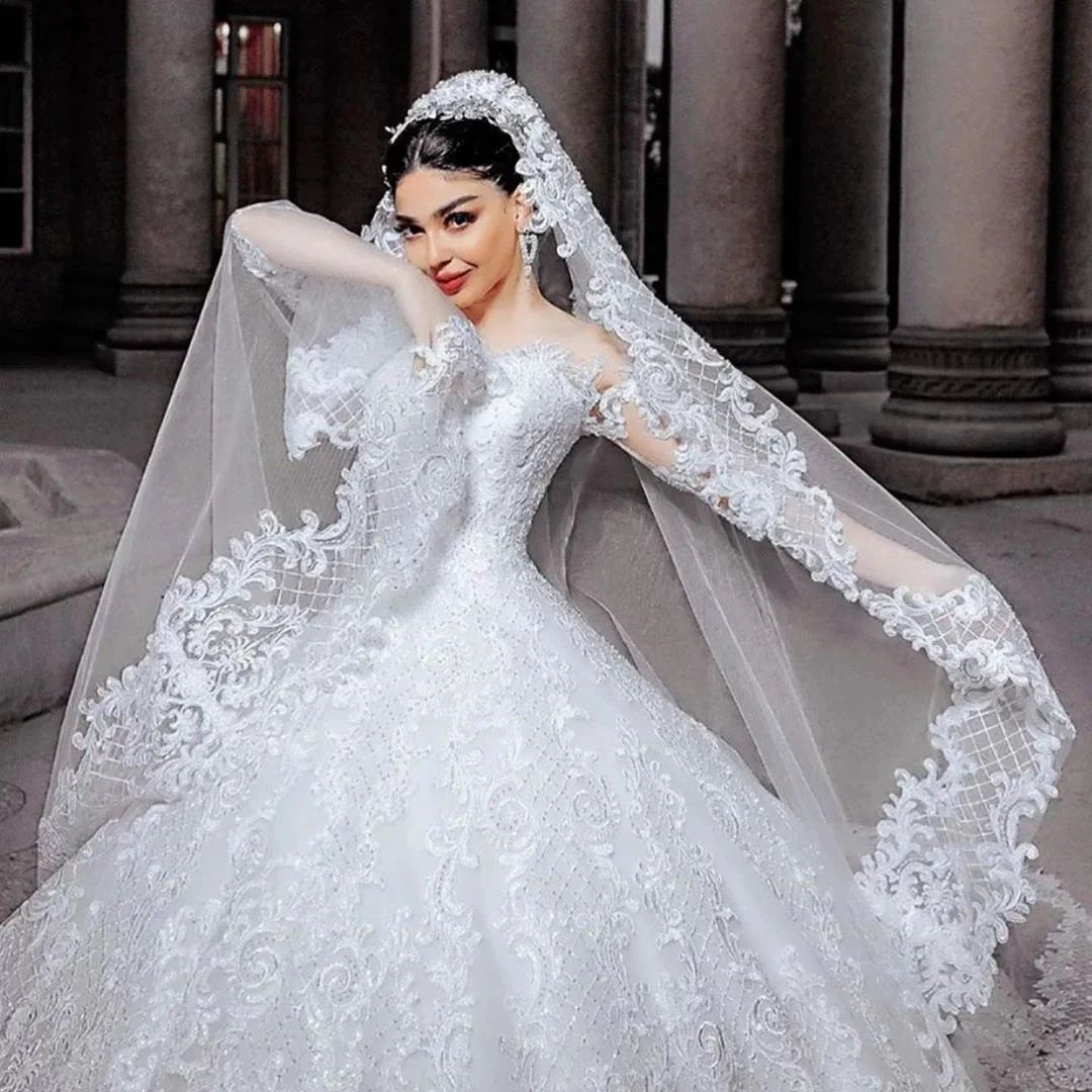 Long Princess Tulle Beads Appliques Lace Wedding Dress with Sleeves by BIZTUNNEL
