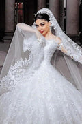 Long Princess Tulle Beads Appliques Lace Wedding Dress with Sleeves by BIZTUNNEL