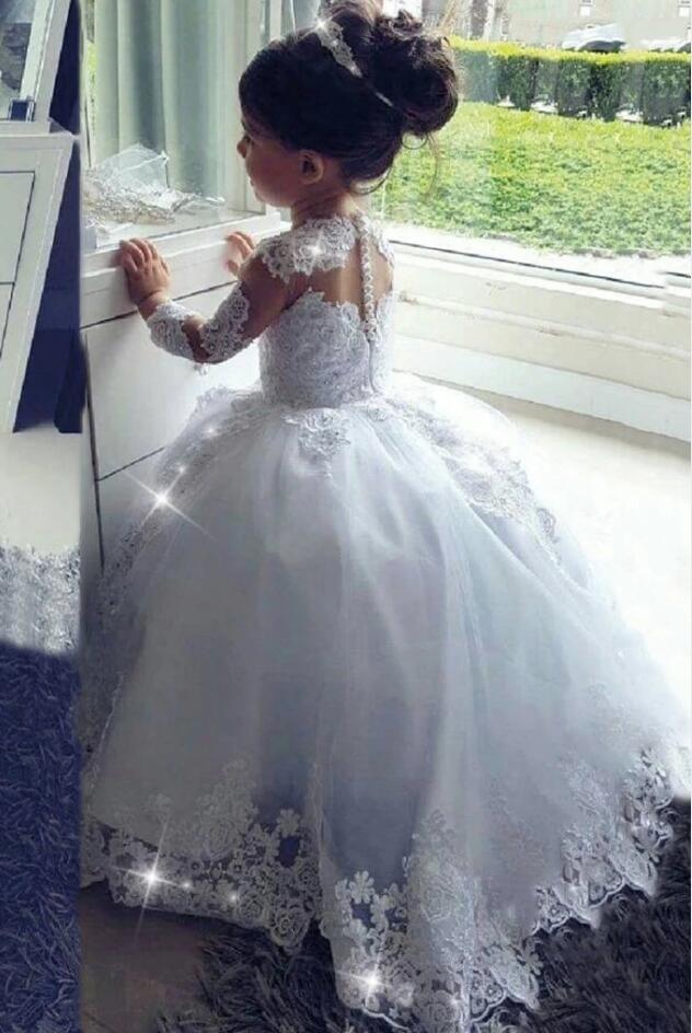Long Princess Tulle Lace Scoop Neck flower girl dresses with Sleeves - photo 2